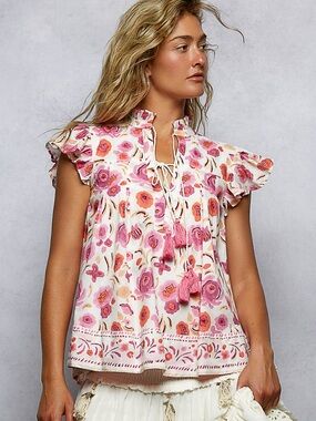 🌹 Hello Gorgeous! POL Floral Tassel Tied Flutter Sleeve Blouse- Pink